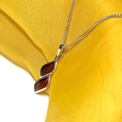 Sterling silver real amber double marquise shaped necklace