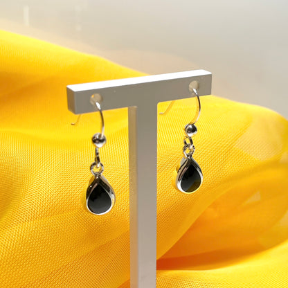 Sterling silver black real onyx drop earrings teardrop pear shaped