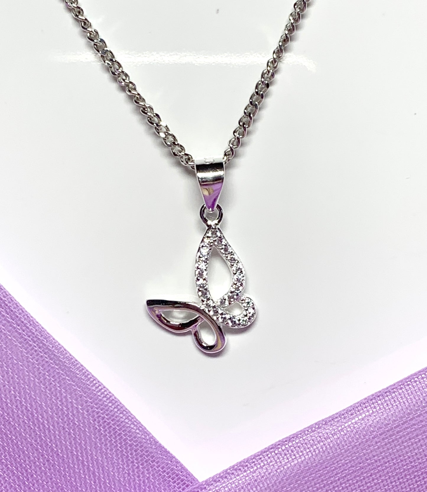 Sterling silver butterfly shaped cubic zirconia necklace pendant