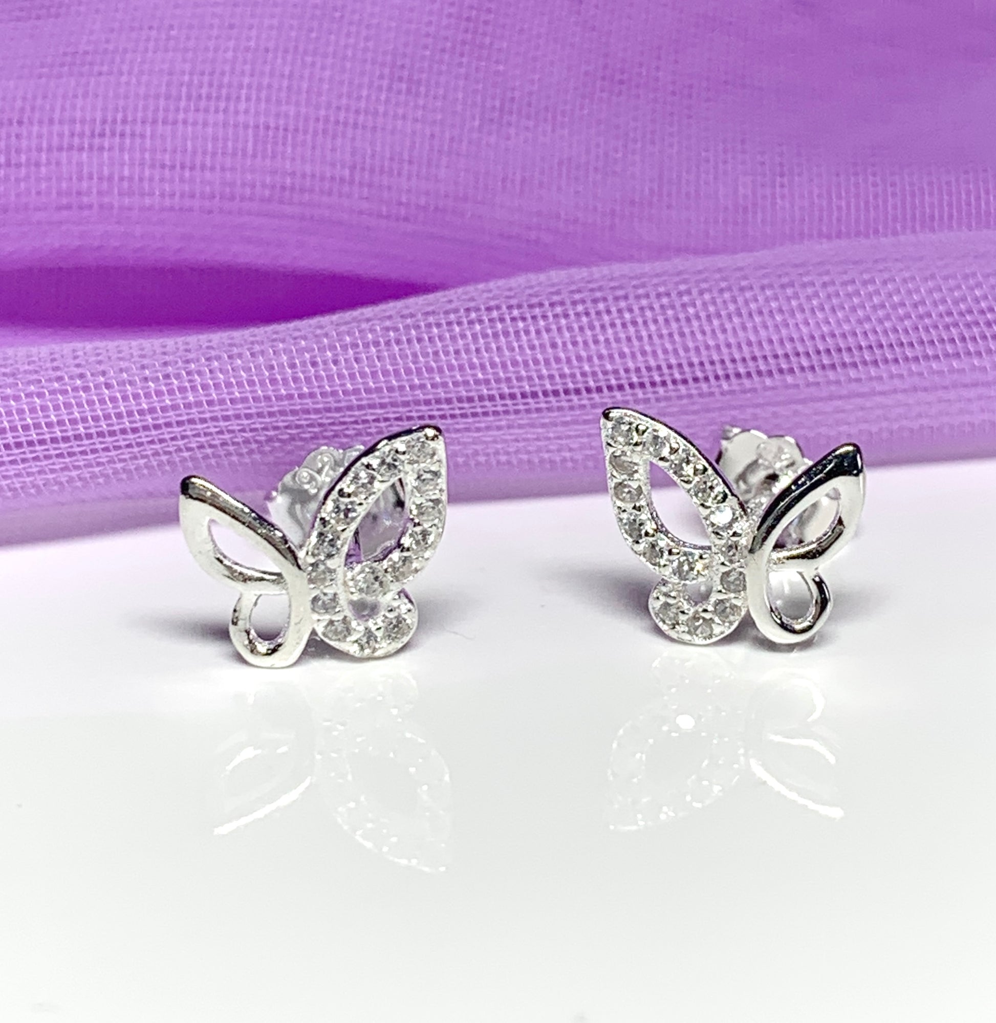 Sterling silver butterfly shaped cubic zirconia stud earrings