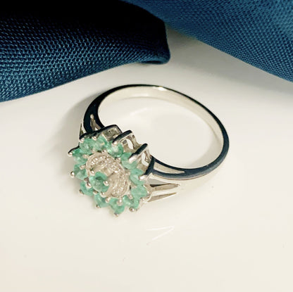 Round Emerald And Diamond Sterling Silver Green Cluster Ring