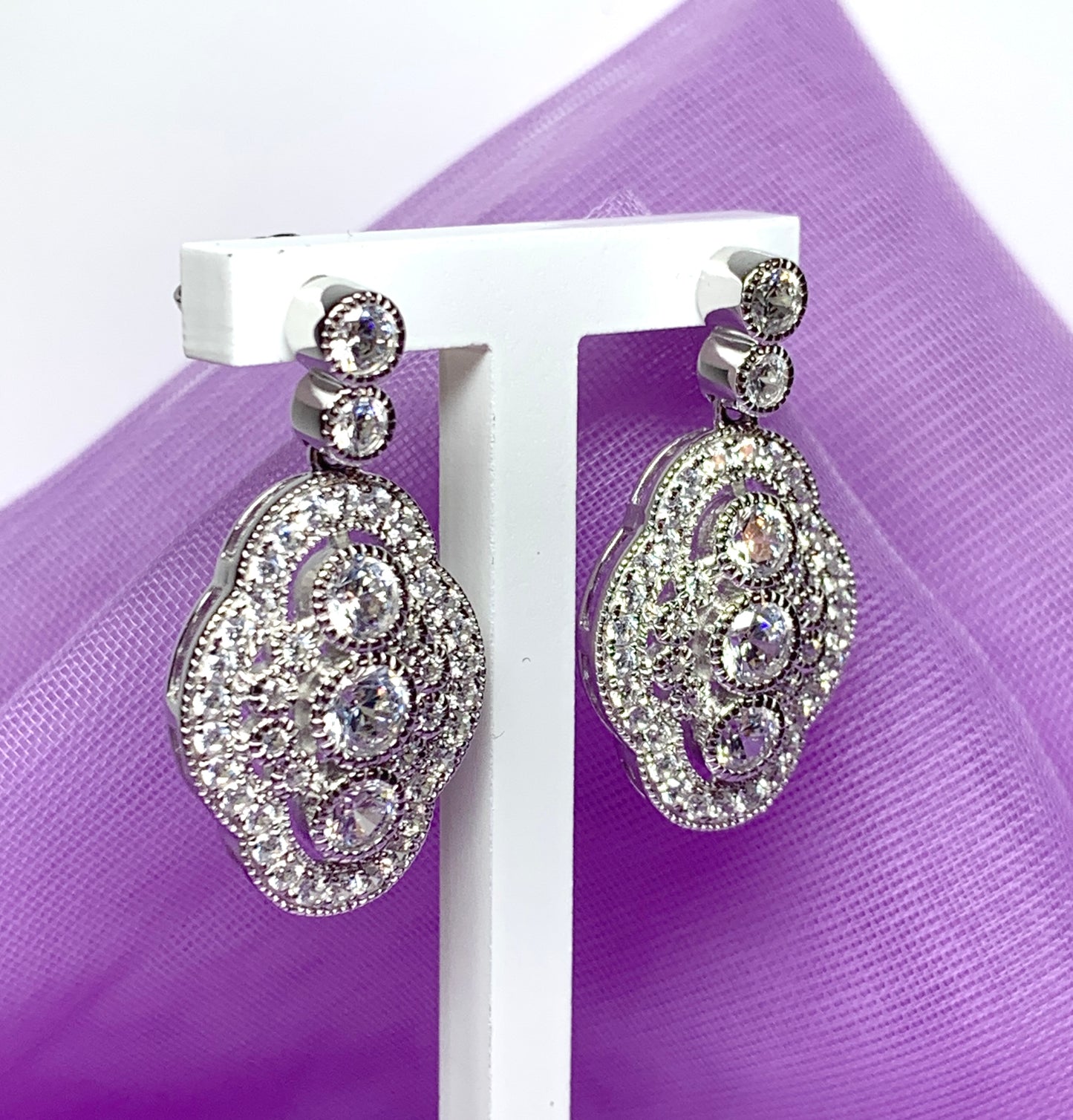 Sterling silver drop cluster earrings retro cubic zirconia