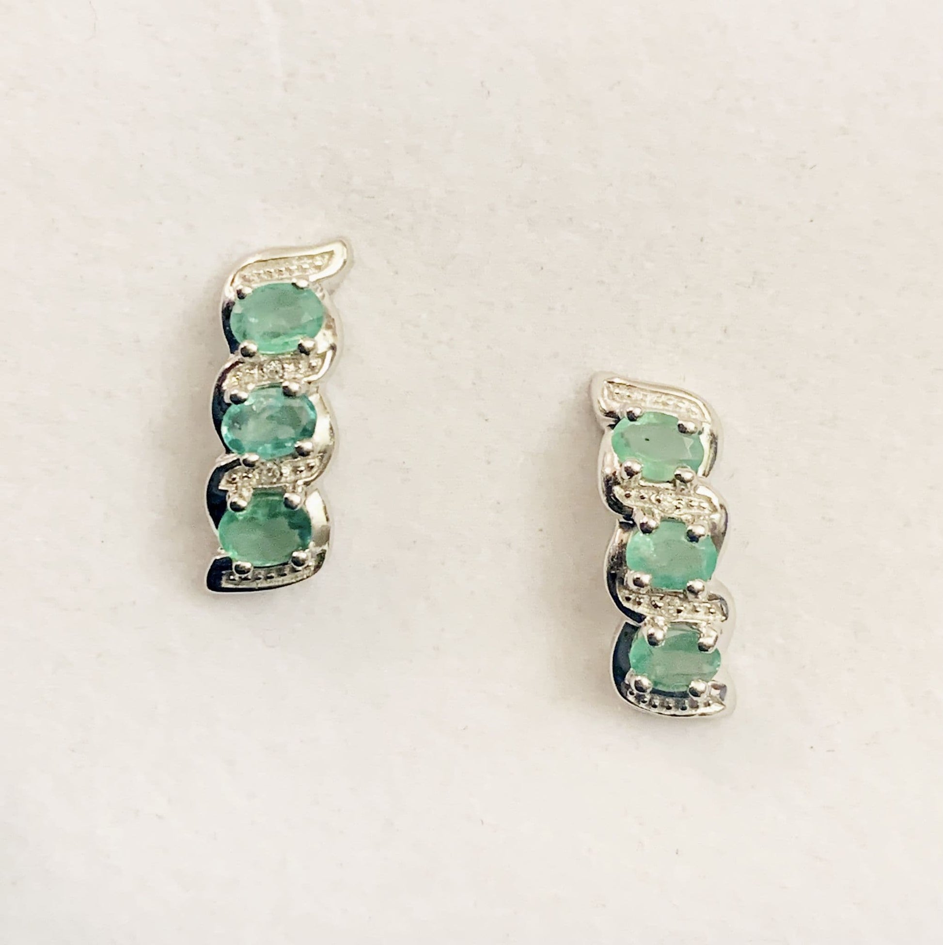 Emerald And Diamond Sterling Silver Green Stud Drop Earrings