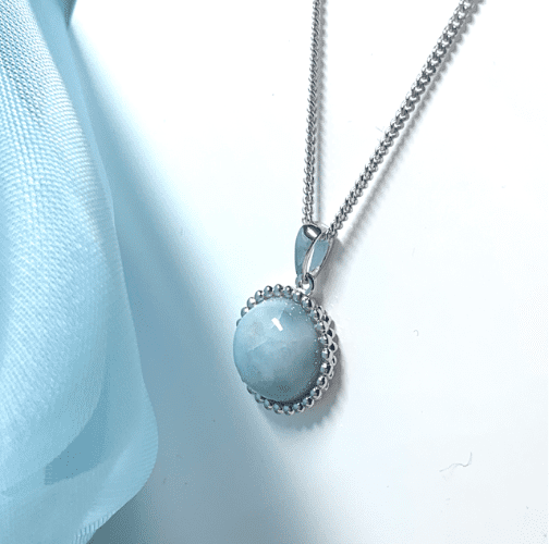 Round light blue larimar patterned bobbled necklace sterling silver pendant