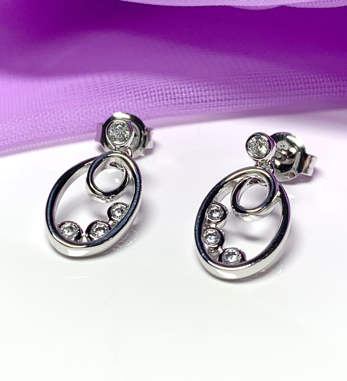 Sterling silver oval drop stud earrings cubic zirconia