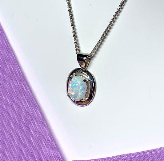 Sterling silver oval opal necklace halo