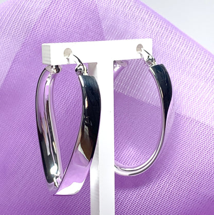 Sterling silver polished oval twisted hoop creole earrings