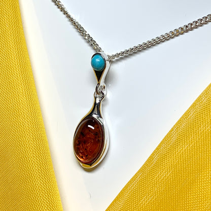 Real amber and turquoise necklace sterling silver pendant