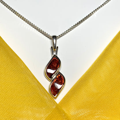 Sterling silver real amber double marquise shaped necklace