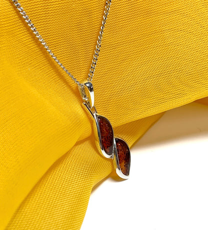 Sterling silver real amber double marquise shaped necklace