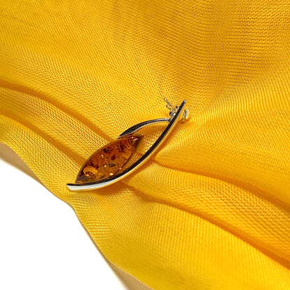 Sterling silver real amber marquise shaped bar brooch