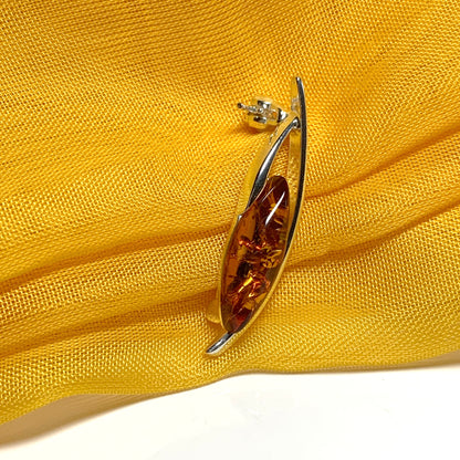 Sterling silver real amber marquise shaped bar brooch