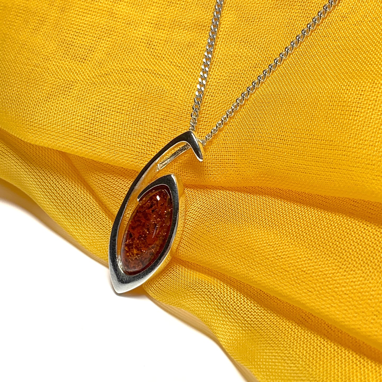 Sterling silver real amber marquise shaped open pierced necklace