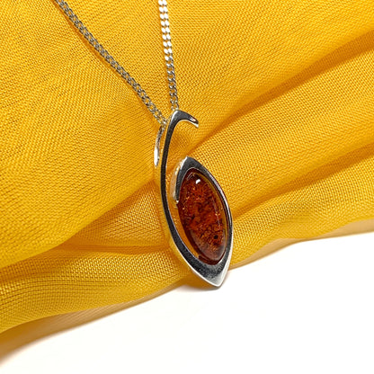 Sterling silver real amber marquise shaped open pierced necklace