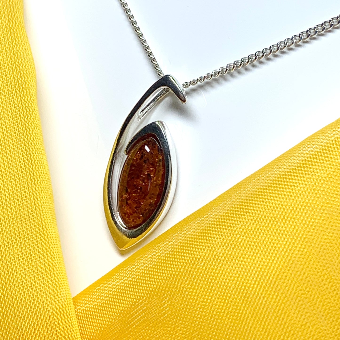 Sterling silver real amber marquise shaped open pierced necklace