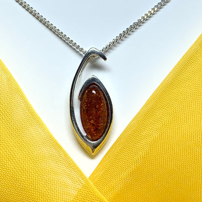 Sterling silver real amber marquise shaped open pierced necklace