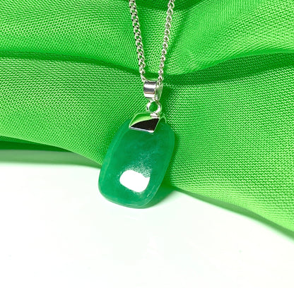 Real green jade pendant necklace cushion shaped sterling silver