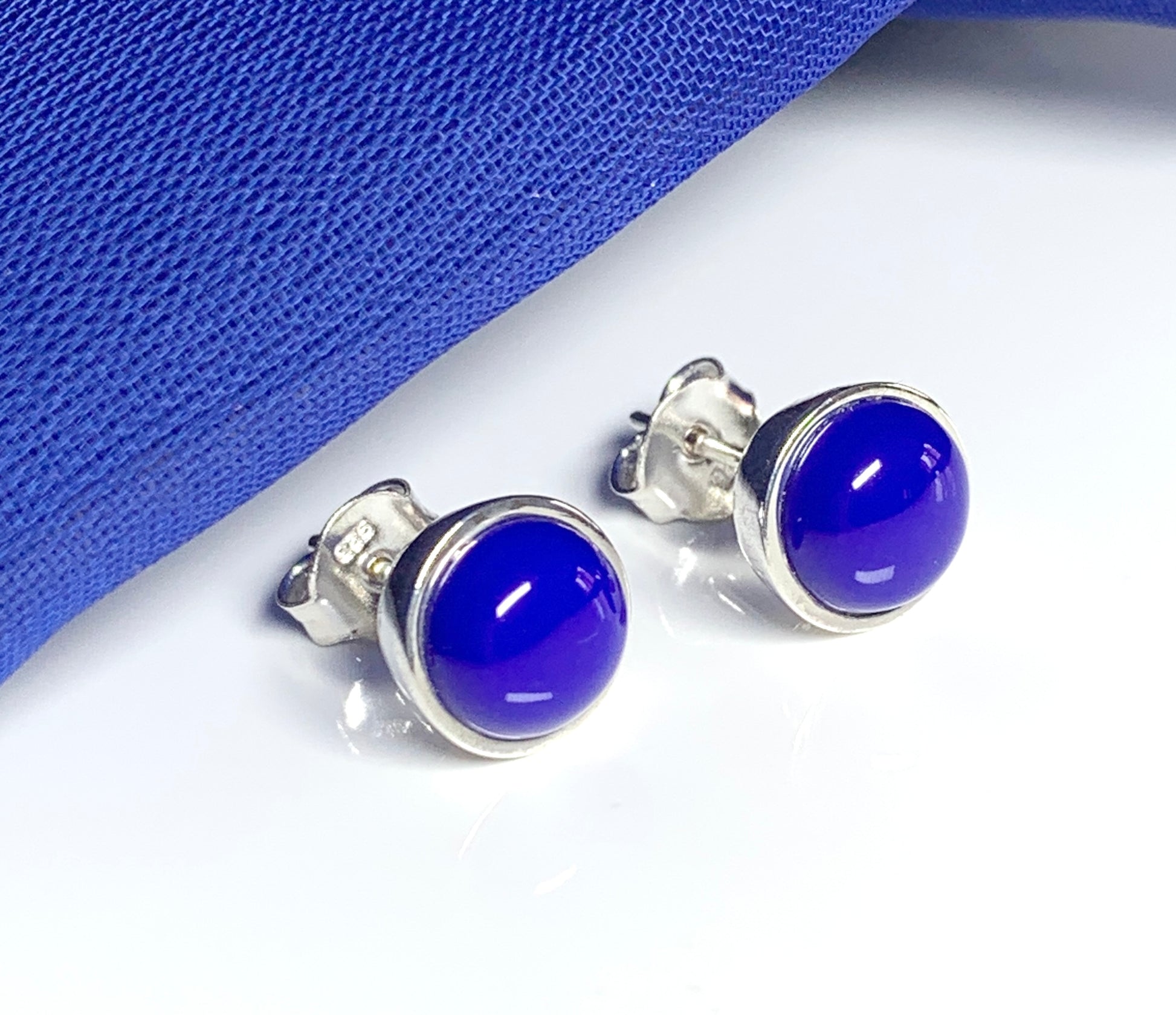 Sterling silver real lapis lazuli blue round stud earrings