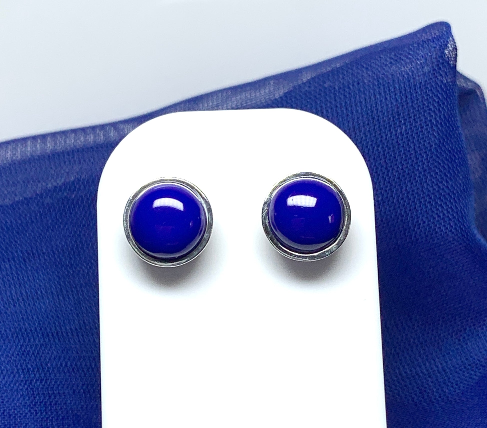 Sterling silver real lapis lazuli blue round stud earrings