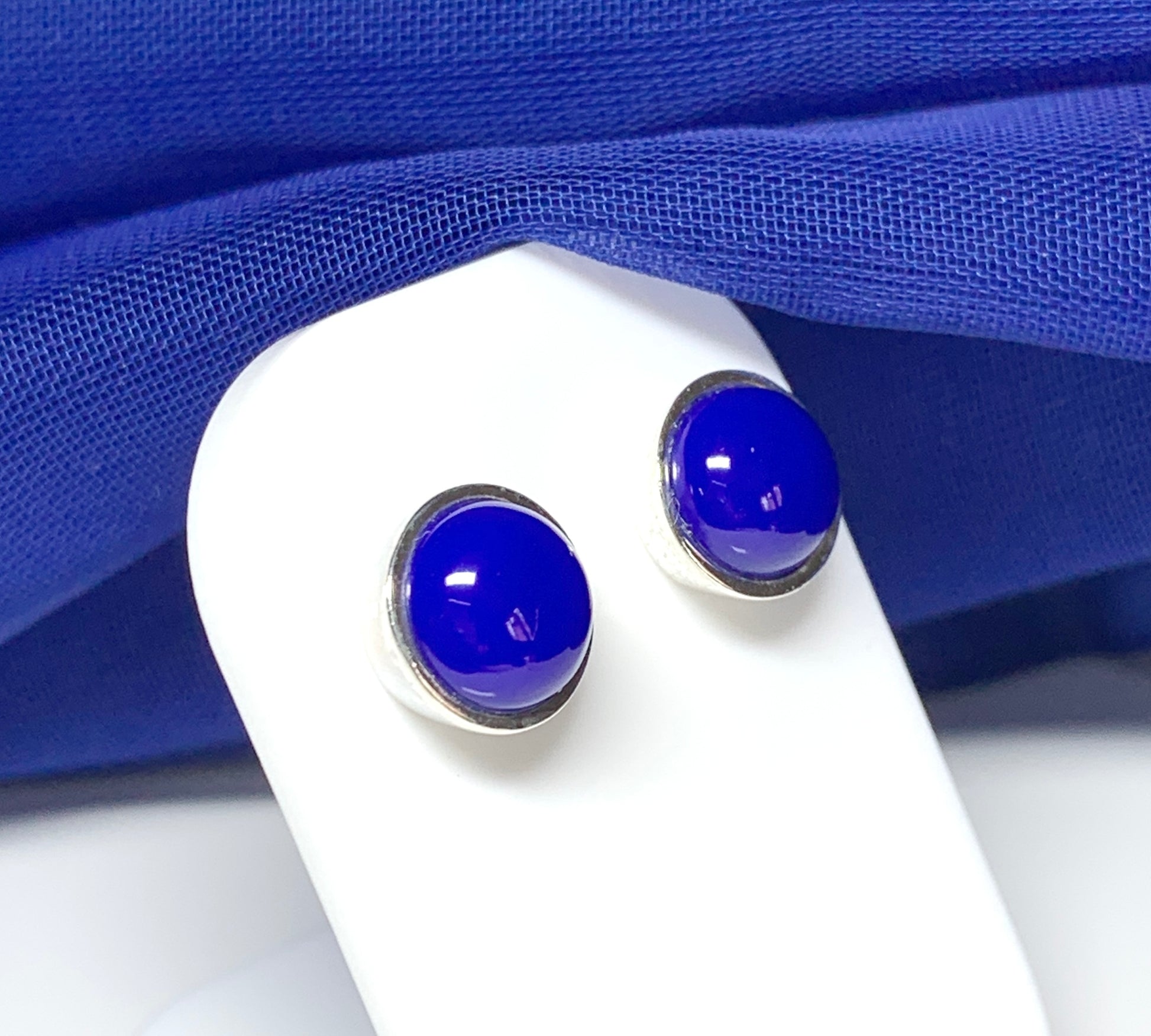 Sterling silver real lapis lazuli blue round stud earrings