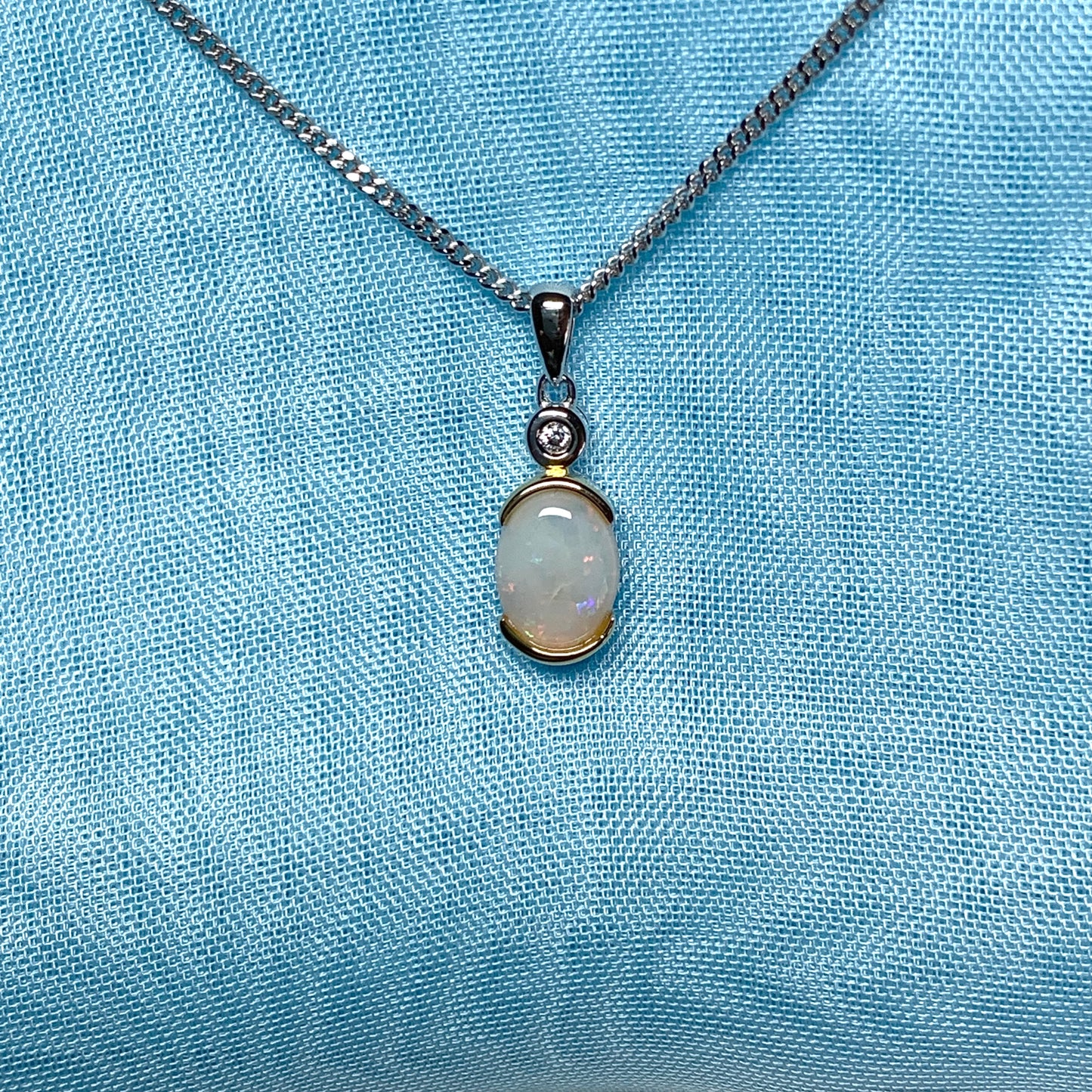 Sterling silver real opal oval and cubic zirconia necklace pendent