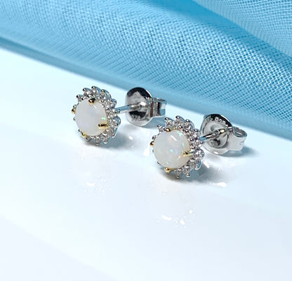 Sterling silver round opal and cubic zirconia stud earrings