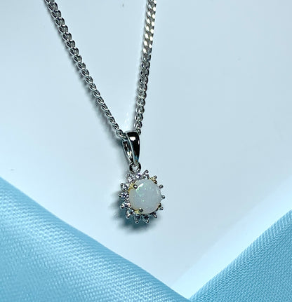 Sterling silver round opal cluster necklace with cubic zirconia pendant