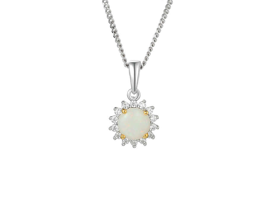 Sterling silver round opal cluster necklace with cubic zirconia pendant