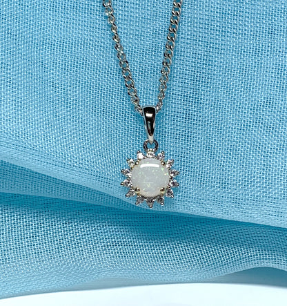 Sterling silver round opal cluster necklace with cubic zirconia pendant