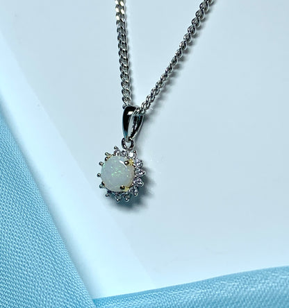 Sterling silver round opal cluster necklace with cubic zirconia pendant