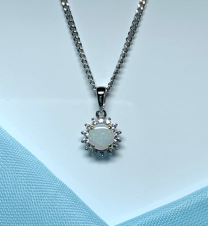 Sterling silver round opal cluster necklace with cubic zirconia pendant