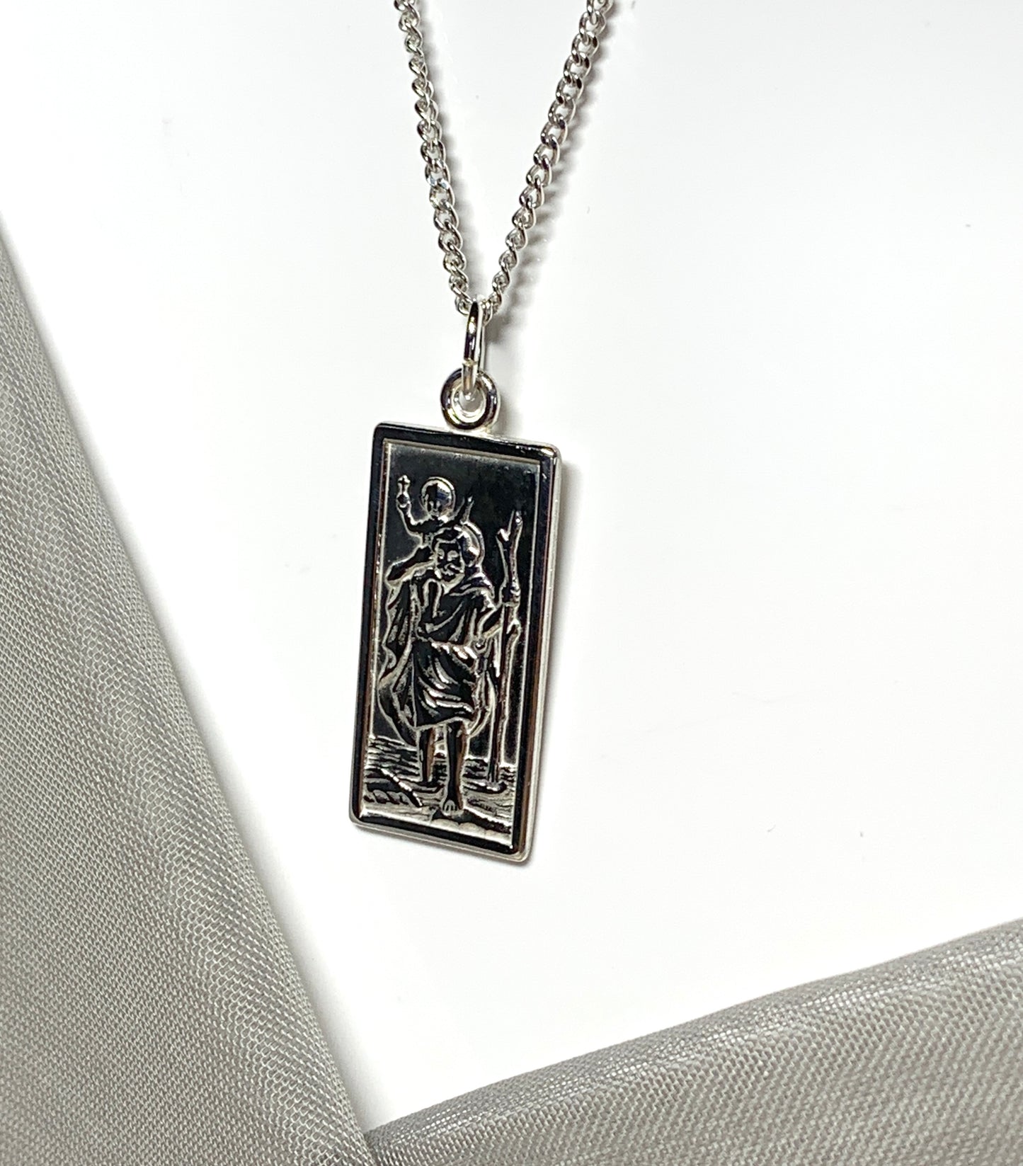 Sterling silver square rectangle shape mens St.Christopher including chain