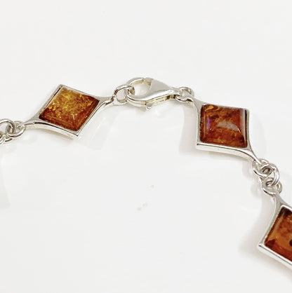 Square Cut Sterling Silver Real Amber Bracelet