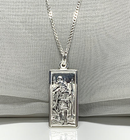 Sterling silver square rectangle shape mens St.Christopher including chain