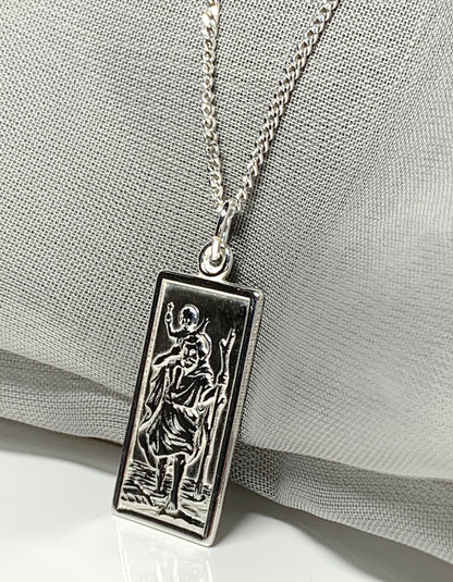 Sterling silver square rectangle shape mens St.Christopher including chain