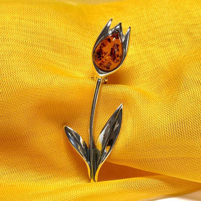 Sterling silver tulip amber brooch