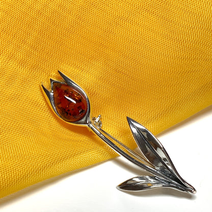 Sterling silver tulip amber brooch