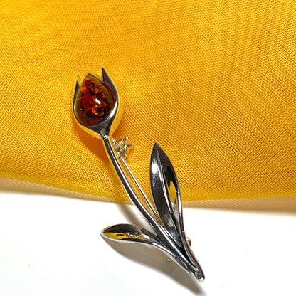 Sterling silver tulip amber brooch