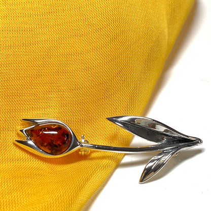 Sterling silver tulip amber brooch