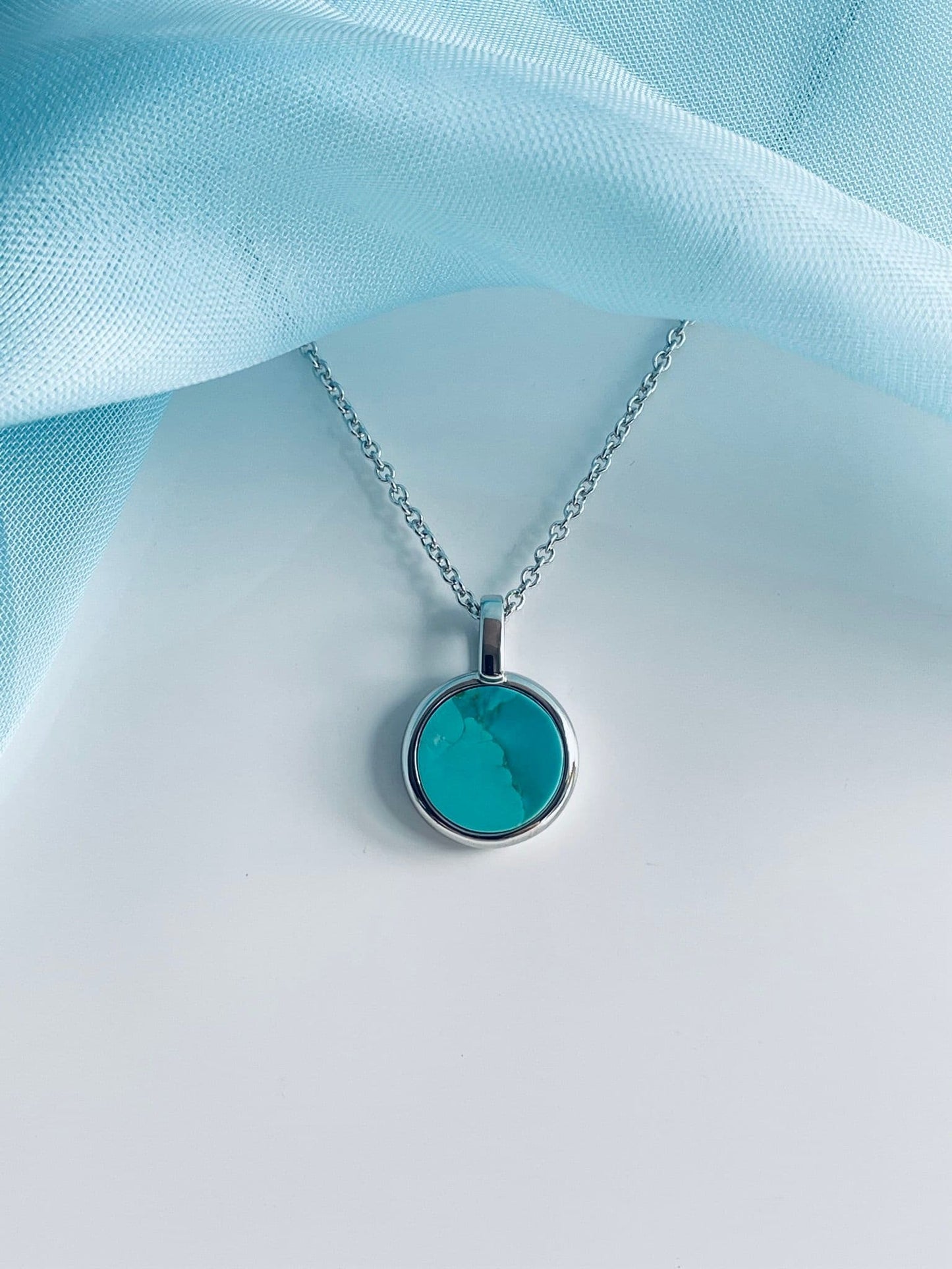 Turquoise blue green round small necklace sterling silver