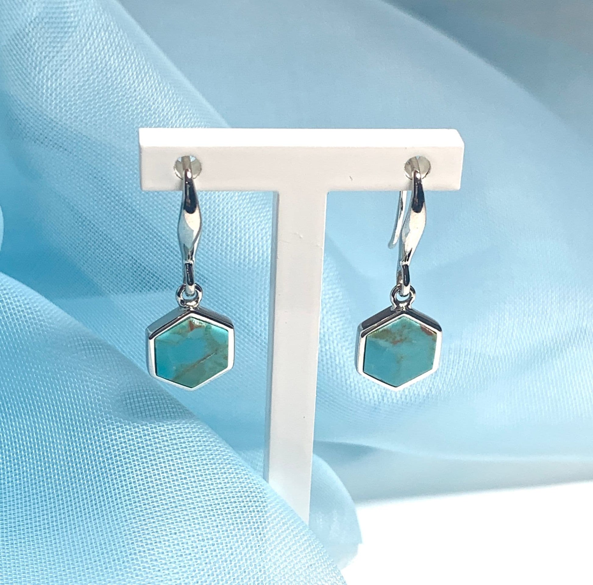 Turquoise blue green hexagonal sterling silver drop earrings