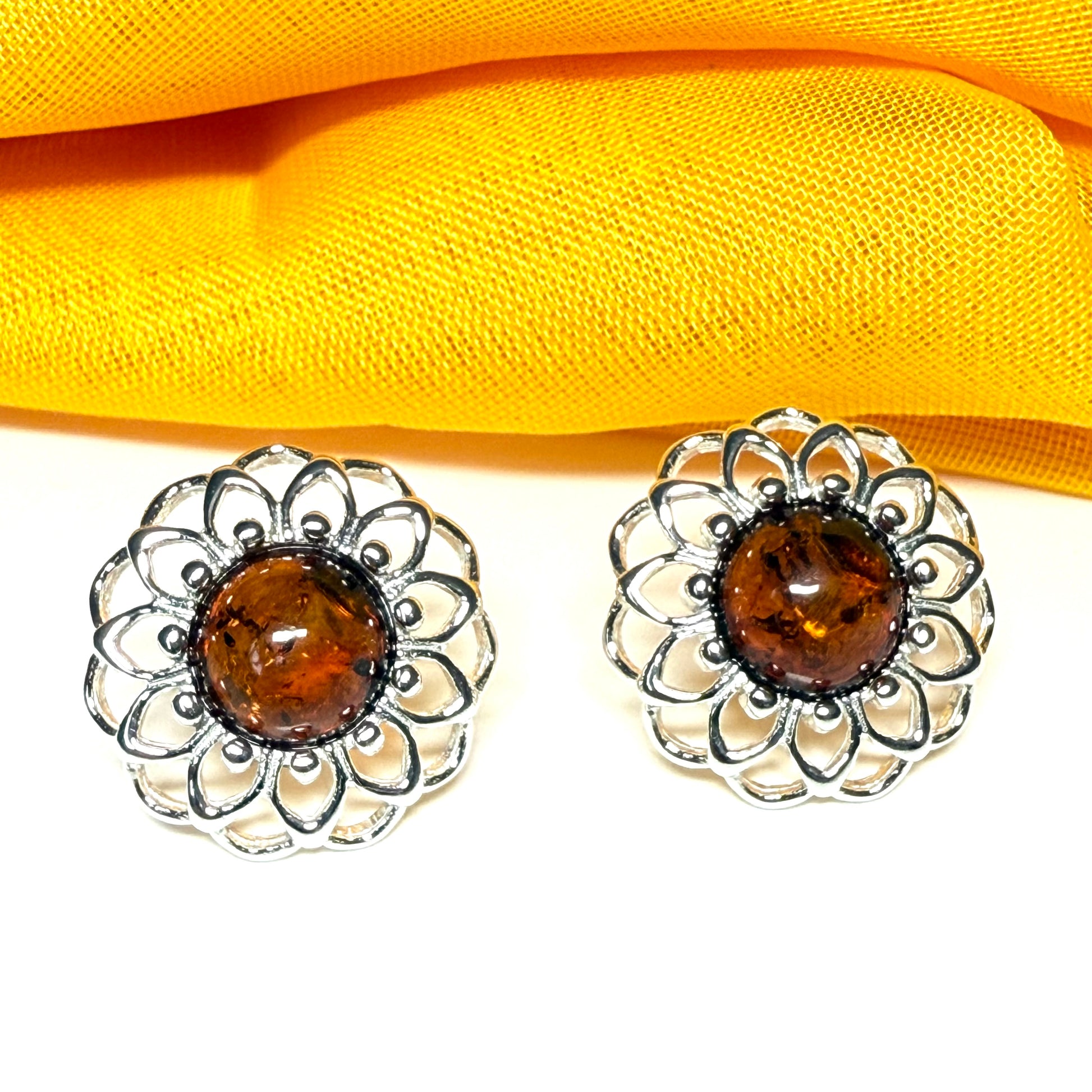 Stud earrings real amber open pierced round floral designed sterling silver