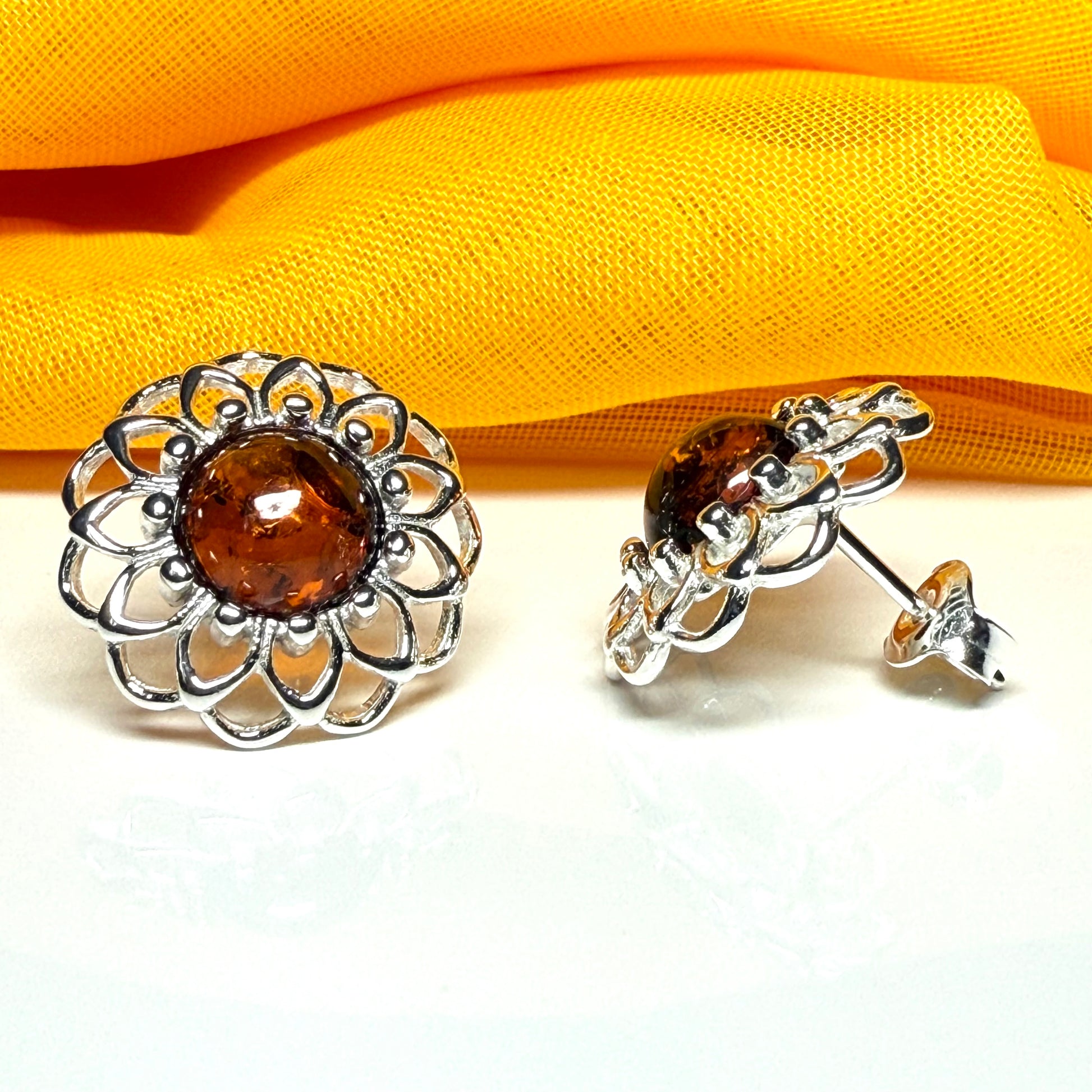 Stud earrings real amber open pierced round floral designed sterling silver