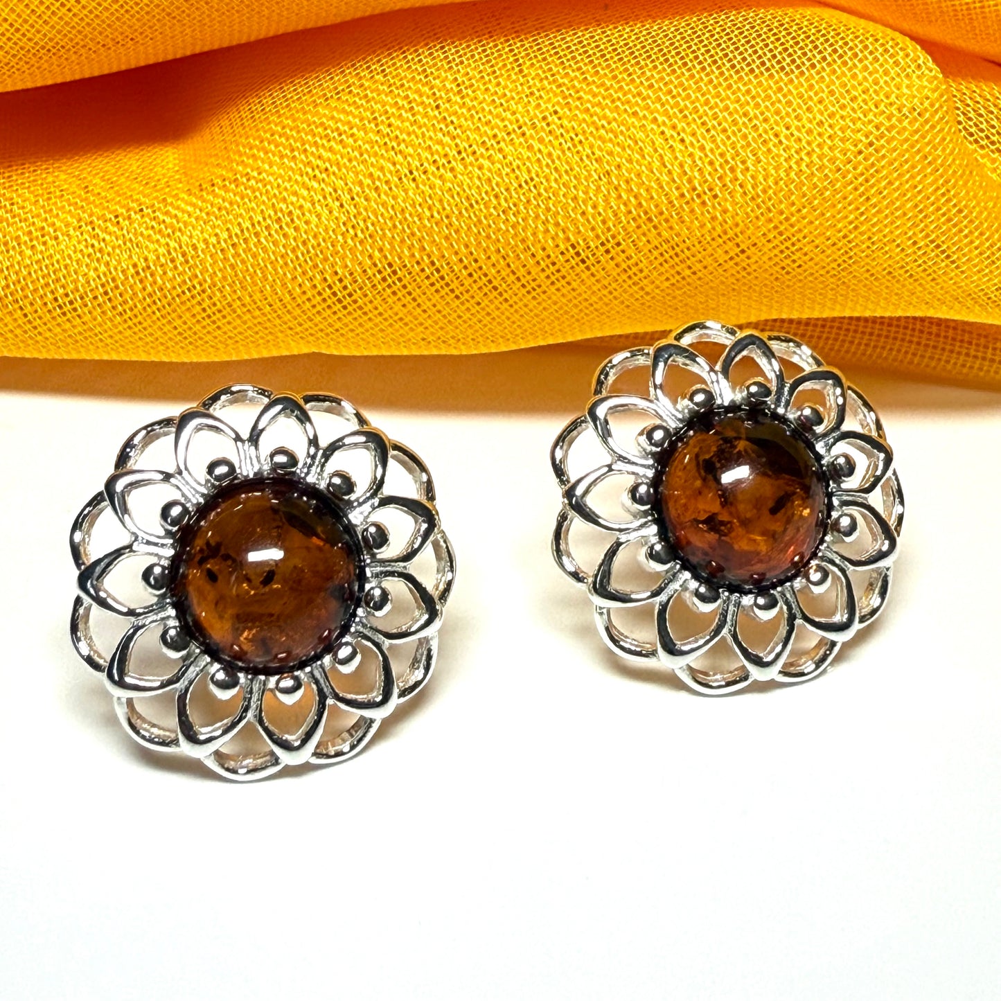 Stud earrings real amber open pierced round floral designed sterling silver