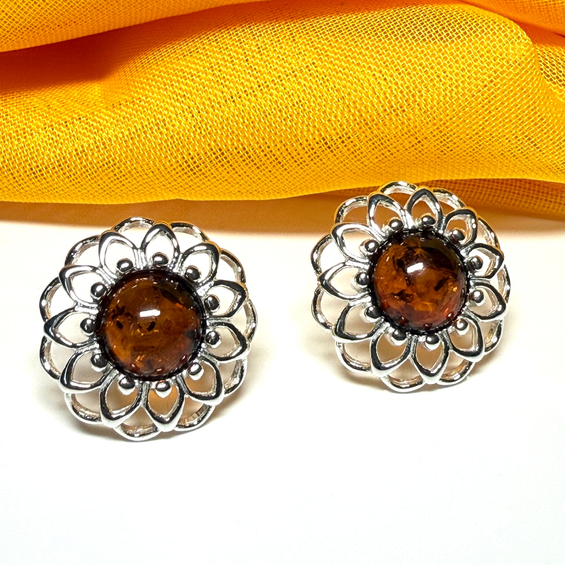 Stud earrings real amber open pierced round floral designed sterling silver