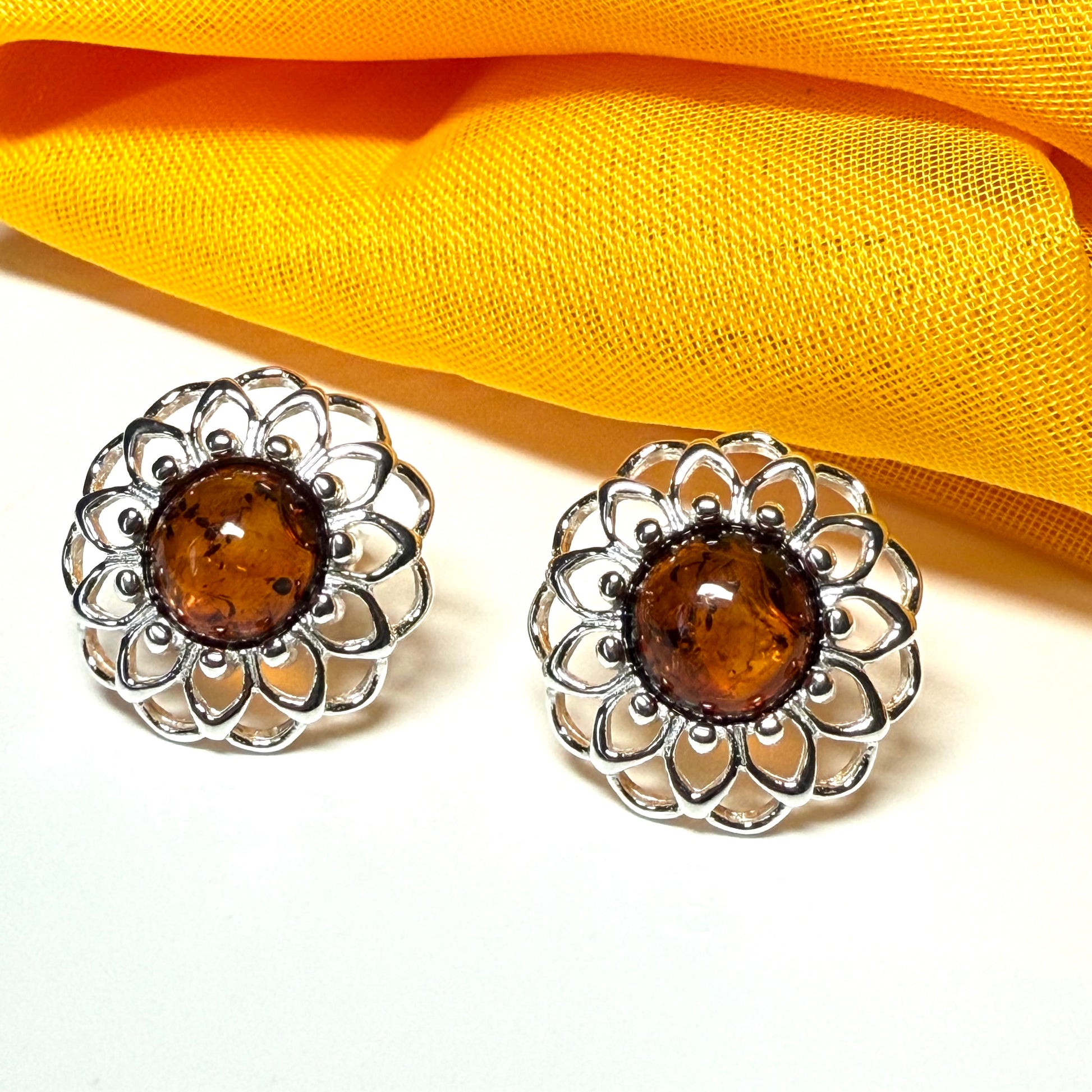 Stud earrings real amber open pierced round floral designed sterling silver