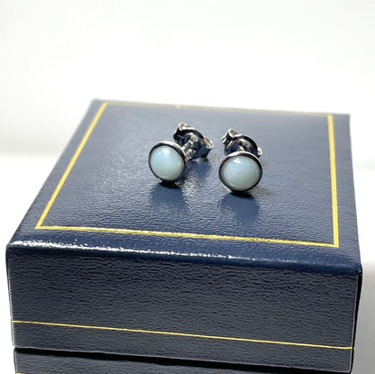 Larimar round sterling silver rubbed over stud earrings