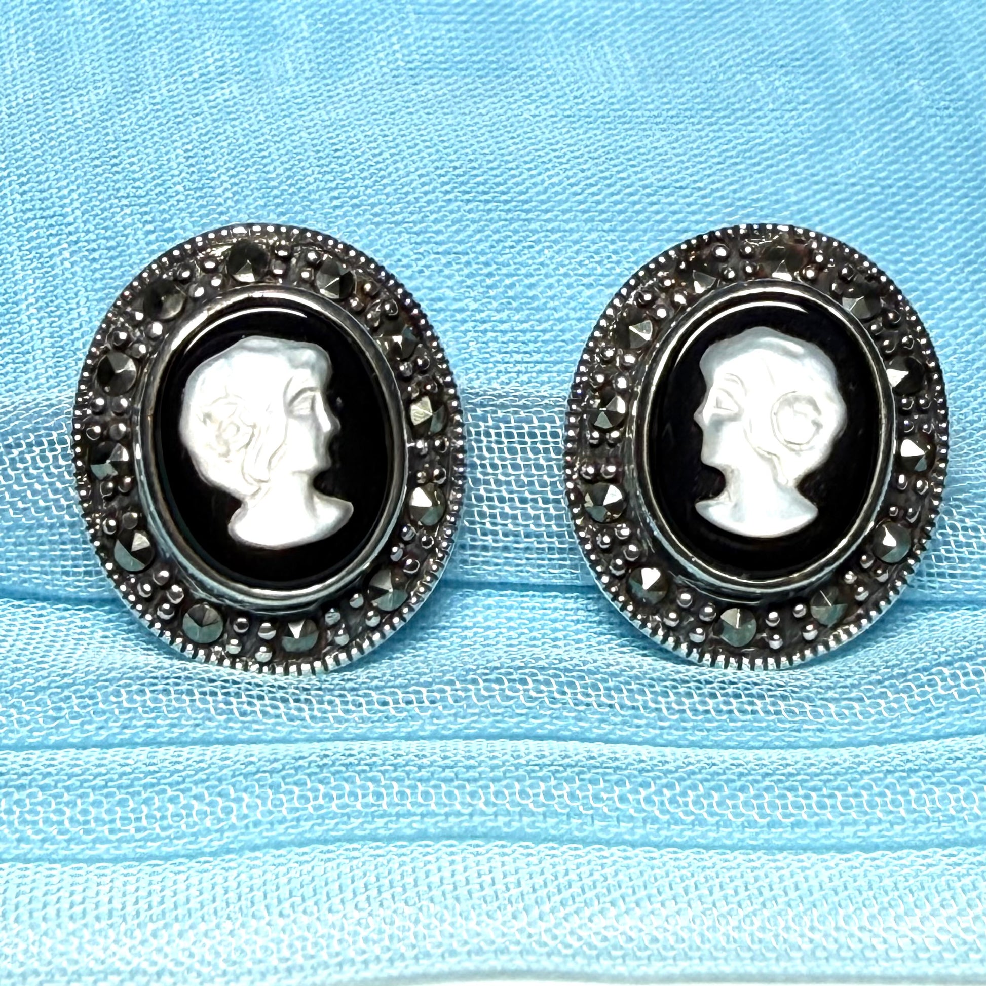 Oval Cameo stud earrings sterling silver black onyx and white Mother of Pearl