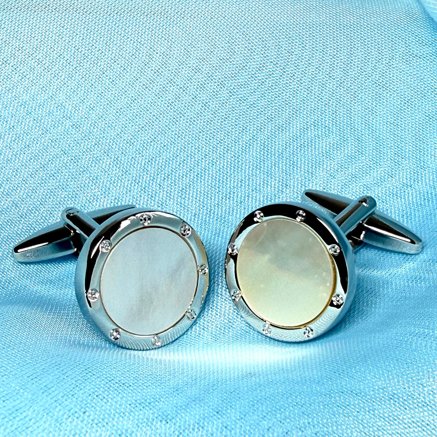 Round cufflinks real Mother of Pearl silver plated