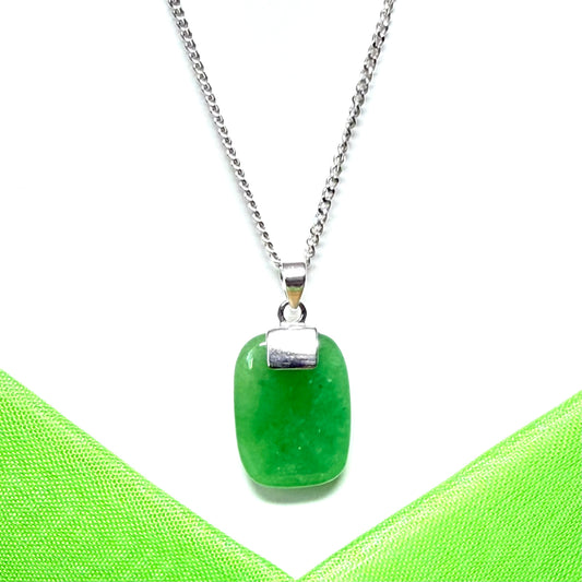 Stunning cushion shaped real green jade necklace pendant with a solid silver curb chain included